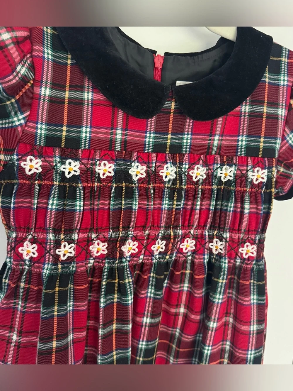 HANNA ANDERSSON 130 Dress, Red Plaid, Smocked, Black Velvet  8 holiday Christmas
